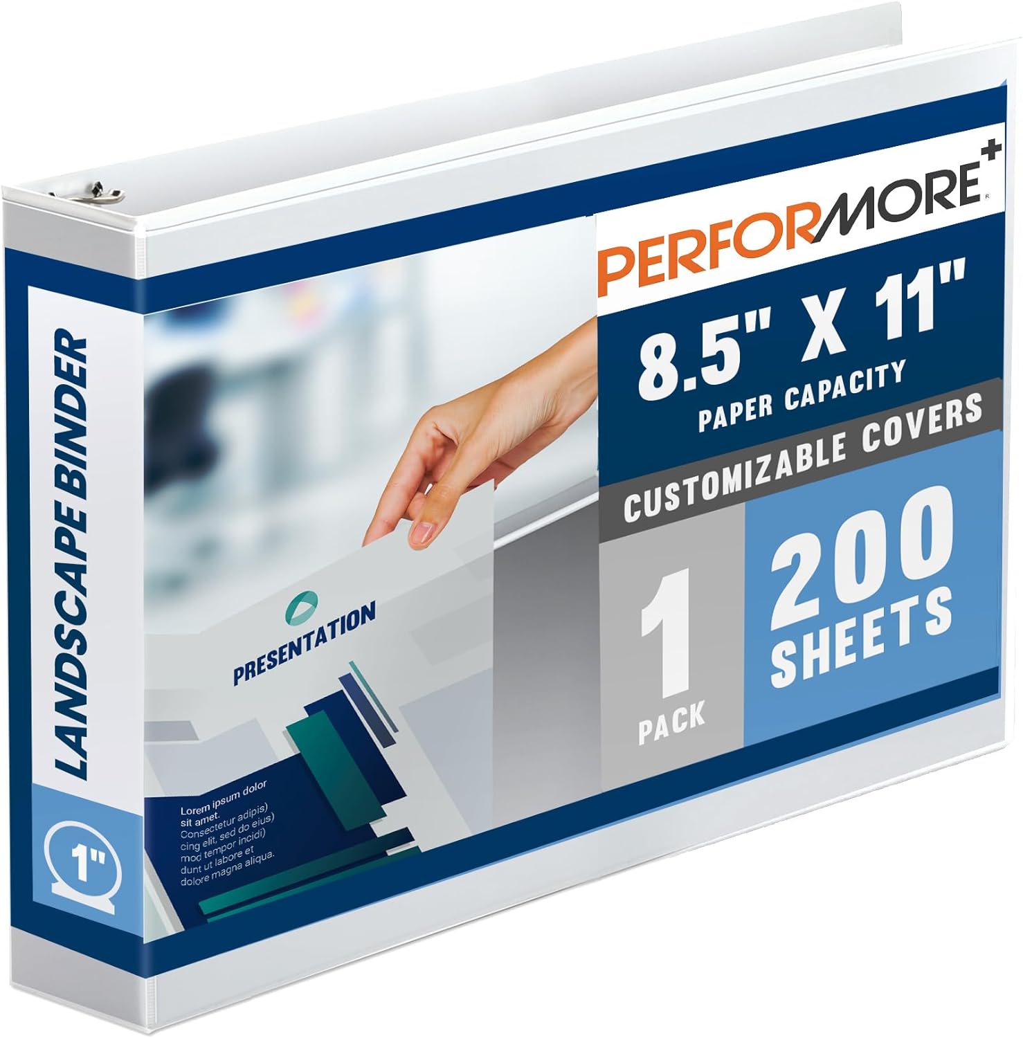 Performore - 8.5" X 11" Landscape View Binder, 3-Ring-Binder 1" Capacity Round Ring, White Horizontal Formatted with Clear Cover Pockets, Perfect for Documents, Projects and More