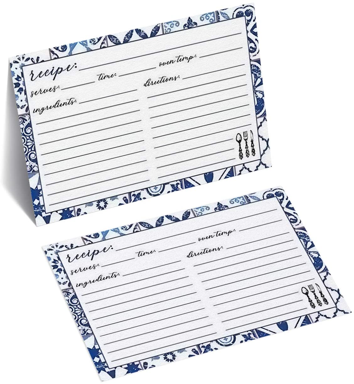 Blue and White Recipe Cards - Pack of 50