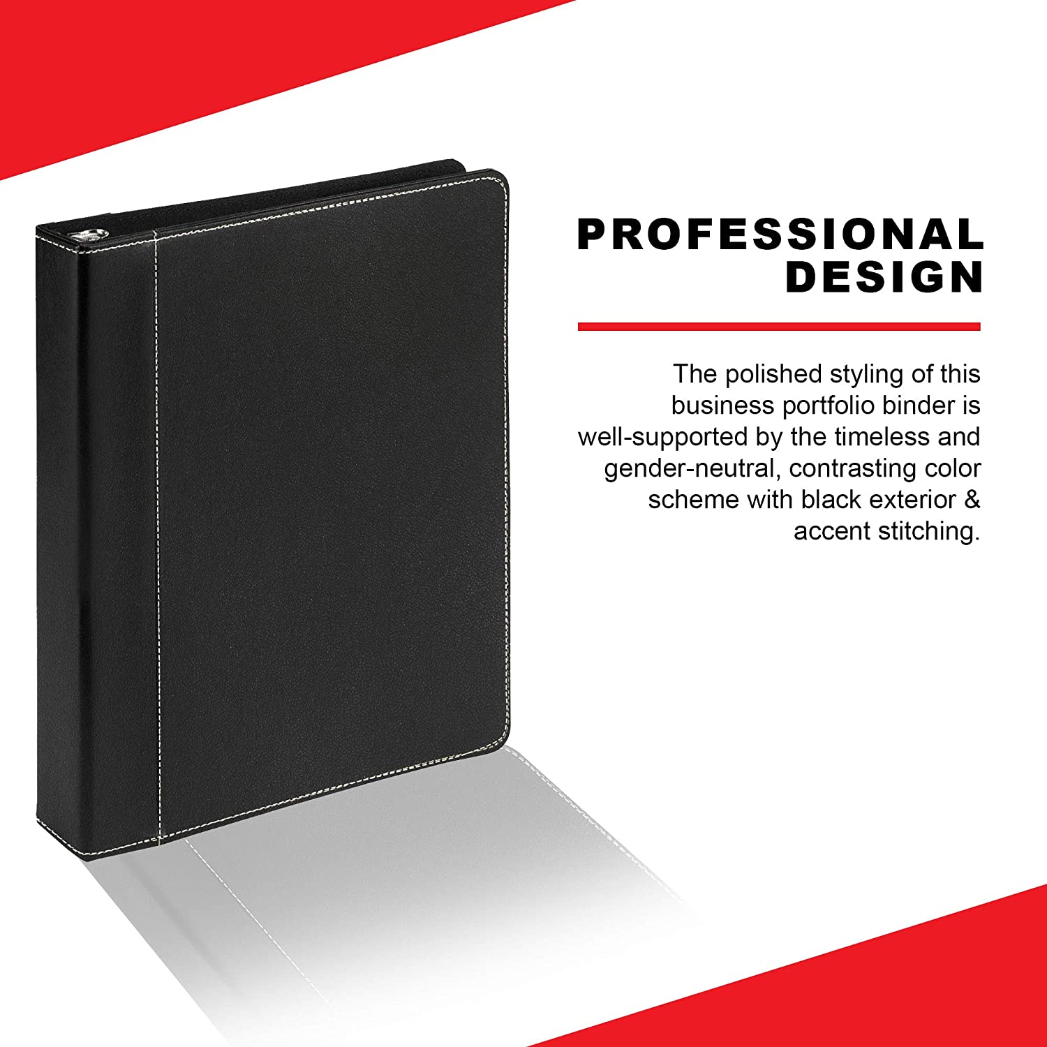 Twain Black Contrast Stitched Leather Binder with Round 1 Inch Rings, Portfolio Organizer