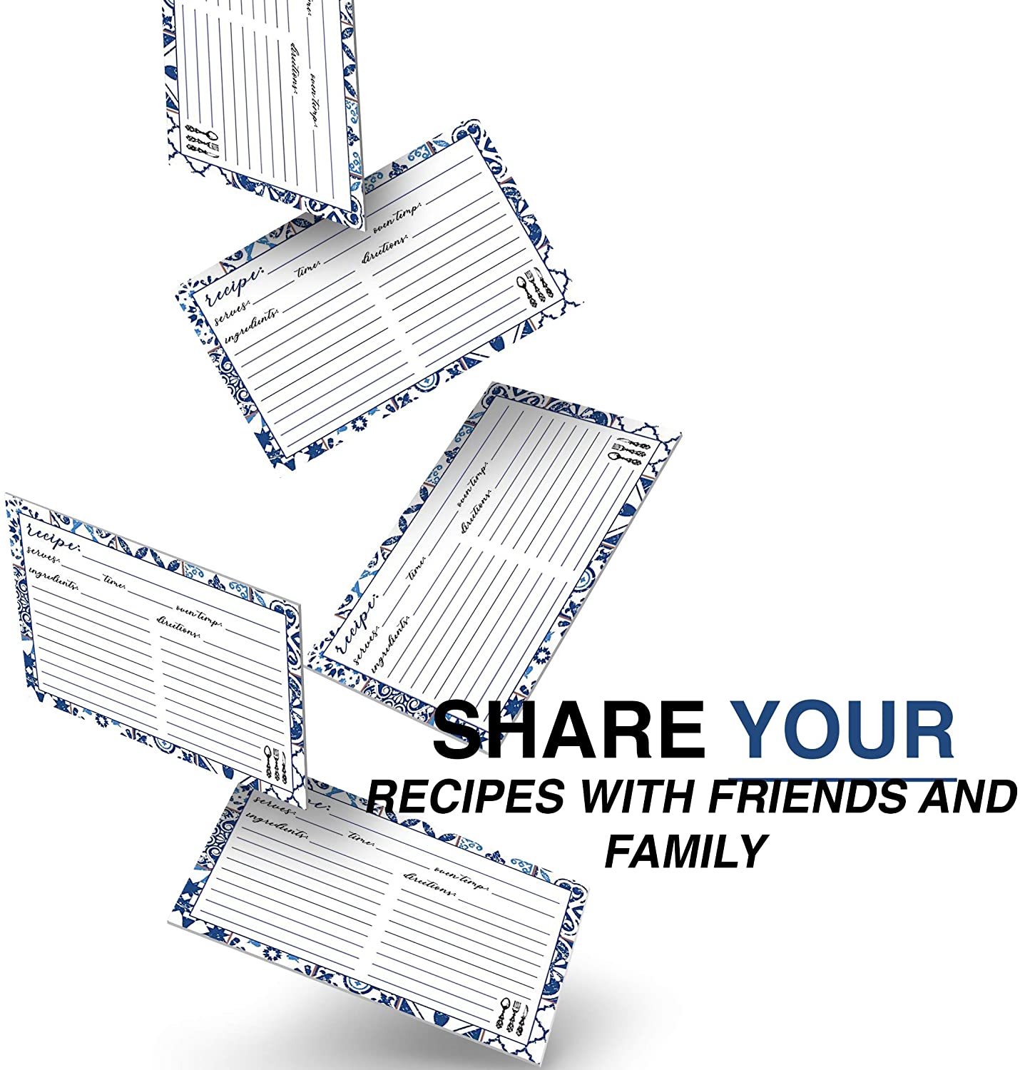 Blue and White Recipe Cards - Pack of 50