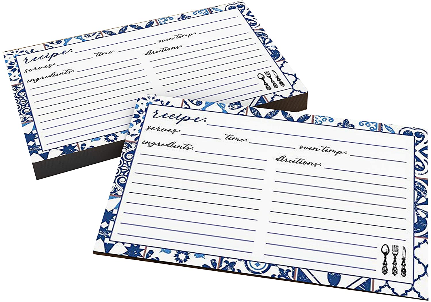 Blue and White Recipe Cards - Pack of 50