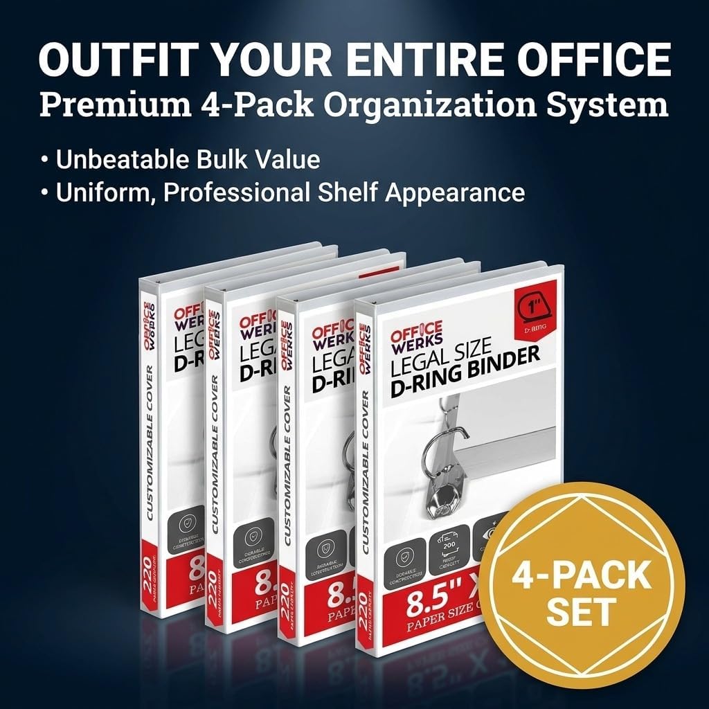 Performore - Office Werks Heavy Duty 4-Pack Legal Size View Binder - 14" x 8.5", White, 1 Inch D-Ring, Back Mount Binder