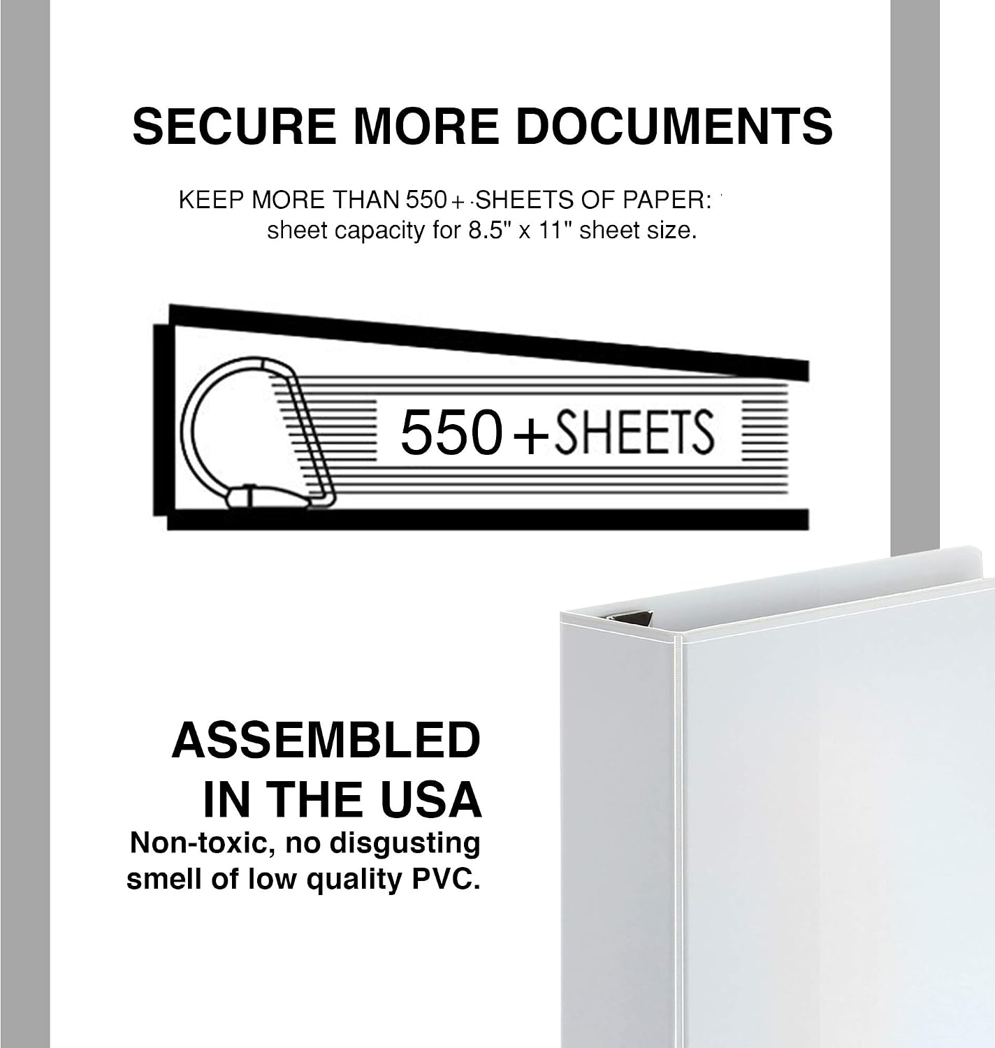 3 Ring Binder 3 Inch D-Ring, Holds 650 Sheets, 6 Pack White with Clear View Covers & 2 Pockets for 8.5x11 Paper, Heavy Duty Nonstick PVC-Free, Gap-Free Closure, Assembled in USA