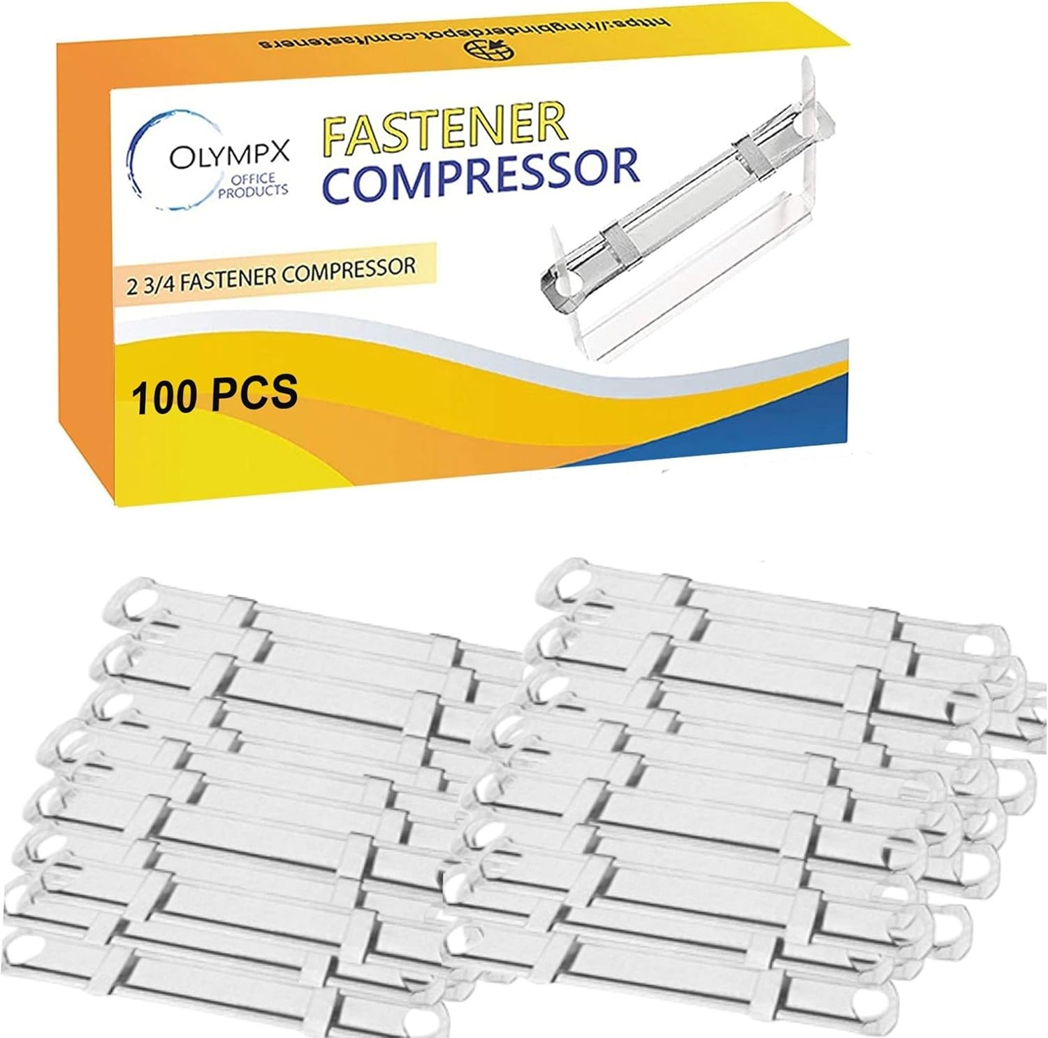 OLYMPX 100 Pcs of Prong Paper Fastener Compressors for Standard 2-Hole Punch, Works with 1 Inch - 3.5 Inch Capacity, 2.75 Inch Center for Paper Fastener Prong Bases, 100 per Box