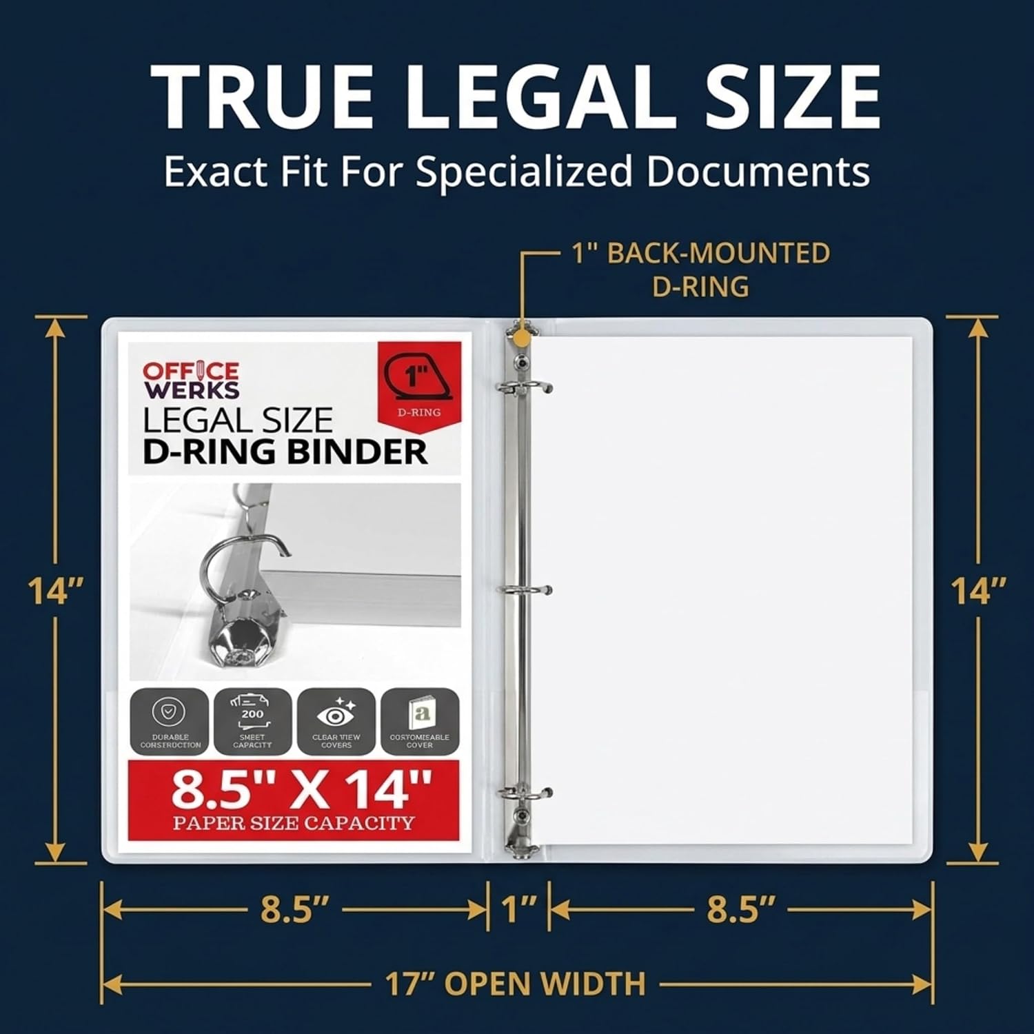 Performore - Office Werks Heavy Duty 4-Pack Legal Size View Binder - 14" x 8.5", White, 1 Inch D-Ring, Back Mount Binder