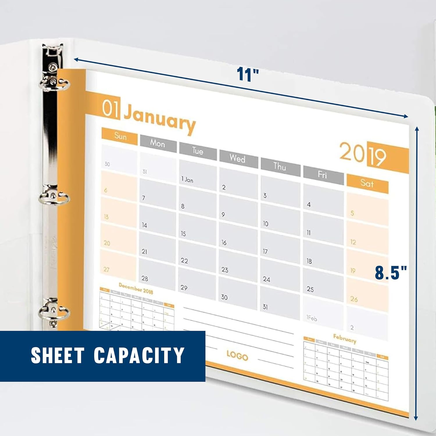 Performore - 8.5" X 11" Landscape View Binder, 3-Ring-Binder 1" Capacity Round Ring, White Horizontal Formatted with Clear Cover Pockets, Perfect for Documents, Projects and More