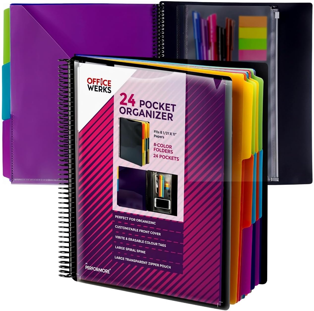 Performore 24 Pocket Spiral Project Organizer with 12 Dividers, Fits 8.5" X 11" Letter Size Papers Folder with Dividers, Front and Back Customizable Covers, Erasable Write On Tabs for Documents Files