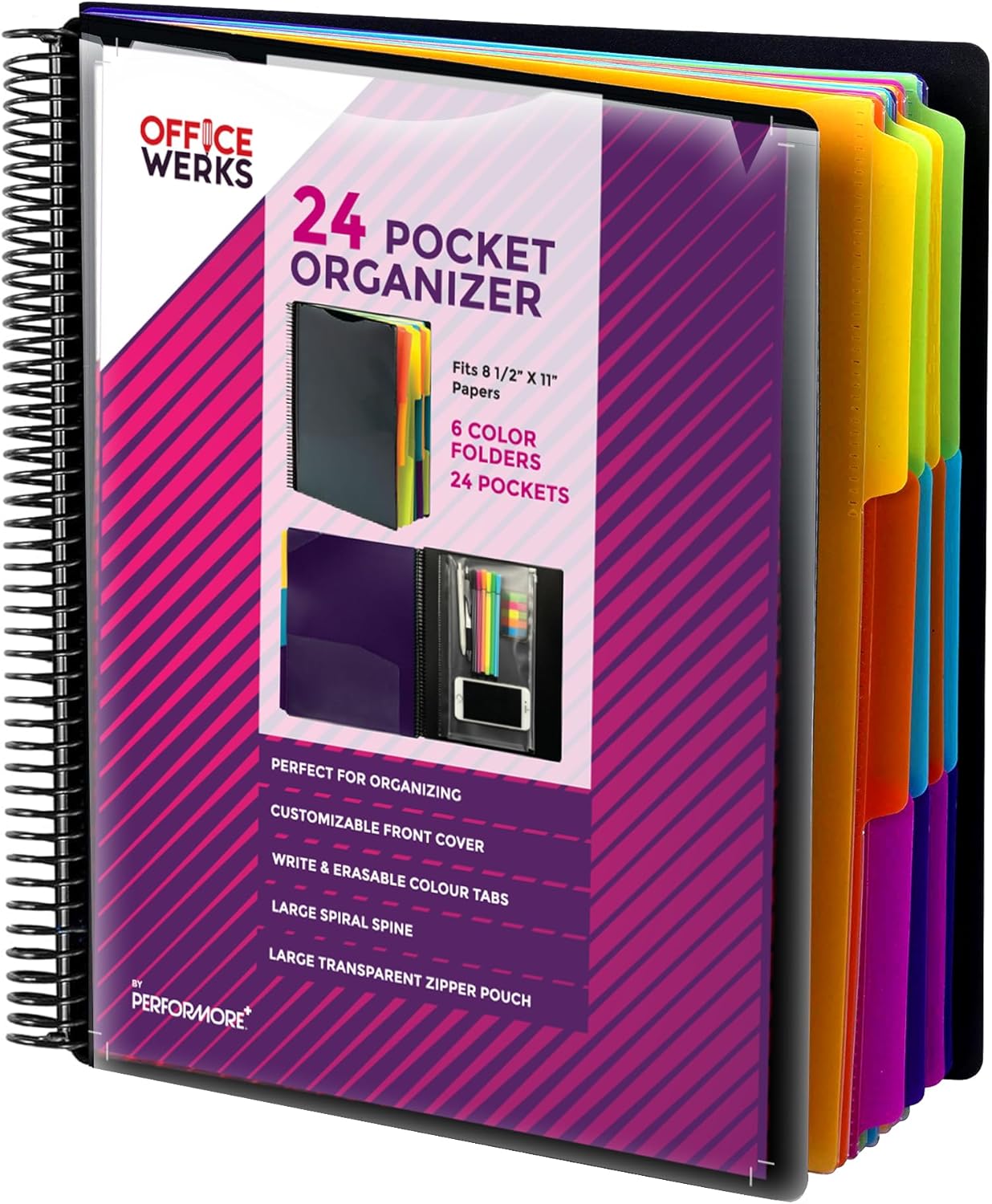Performore 24 Pocket Spiral Project Organizer with 12 Dividers, Fits 8.5" X 11" Letter Size Papers Folder with Dividers, Front and Back Customizable Covers, Erasable Write On Tabs for Documents Files