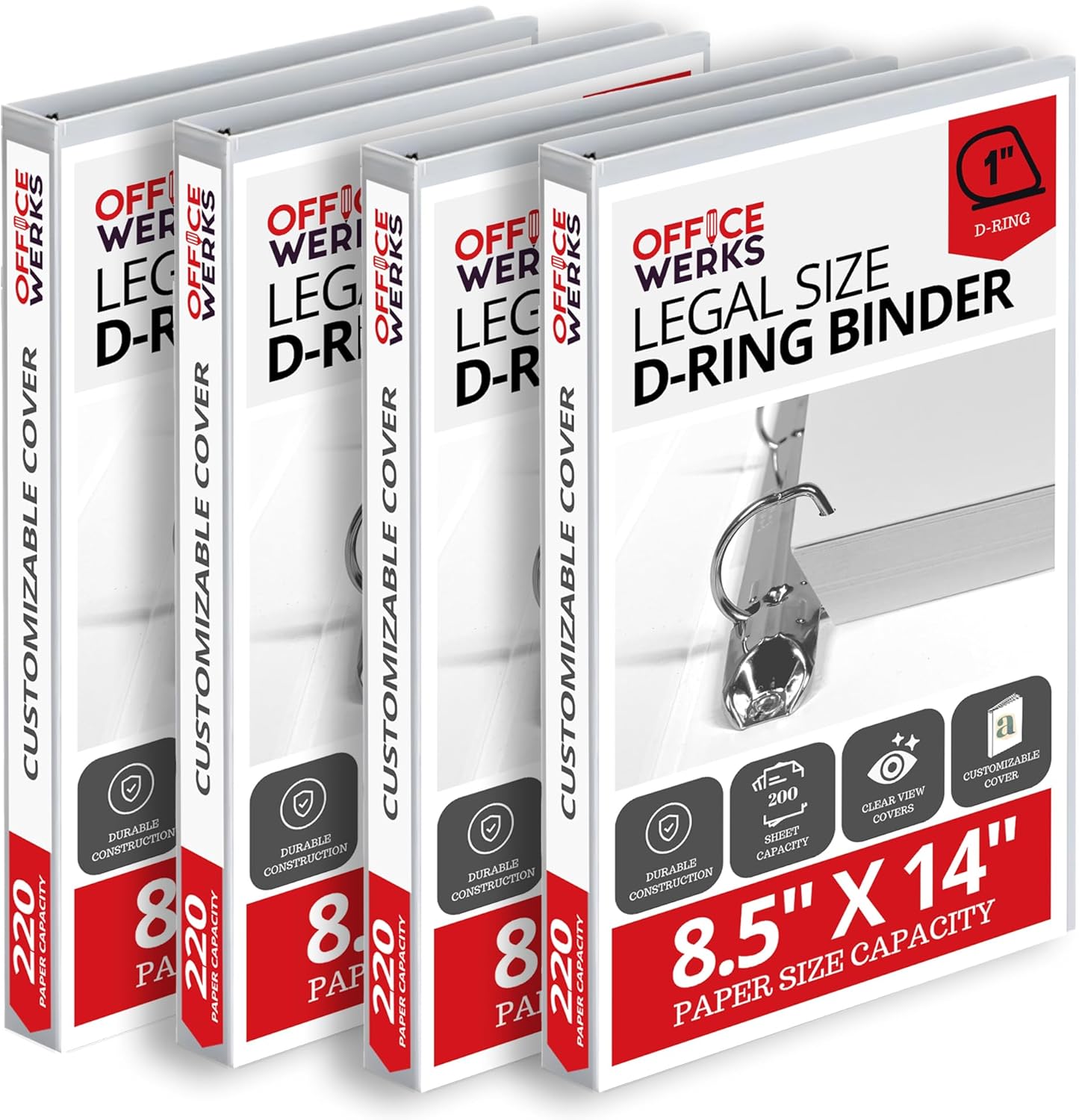 Performore - Office Werks Heavy Duty 4-Pack Legal Size View Binder - 14" x 8.5", White, 1 Inch D-Ring, Back Mount Binder