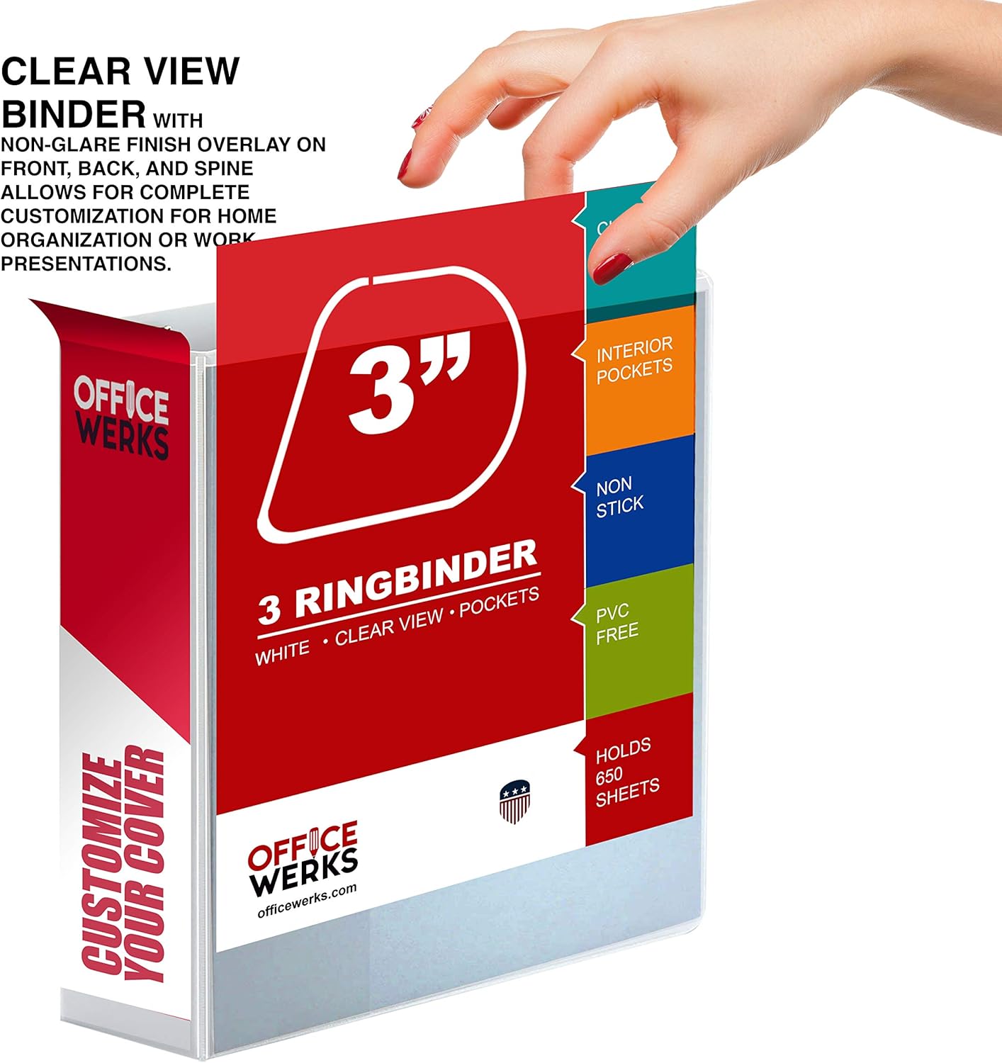 3 Ring Binder 3 Inch D-Ring, Holds 650 Sheets, 6 Pack White with Clear View Covers & 2 Pockets for 8.5x11 Paper, Heavy Duty Nonstick PVC-Free, Gap-Free Closure, Assembled in USA
