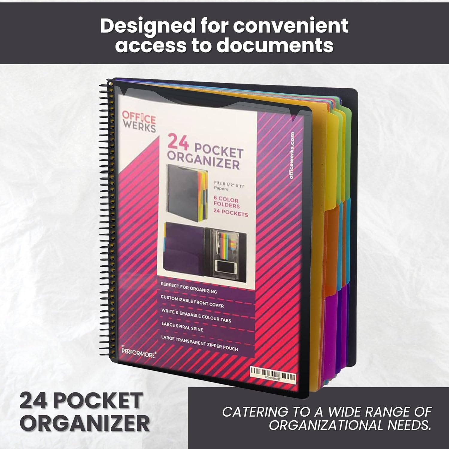 Performore 24 Pocket Spiral Project Organizer with 12 Dividers, Fits 8.5" X 11" Letter Size Papers Folder with Dividers, Front and Back Customizable Covers, Erasable Write On Tabs for Documents Files