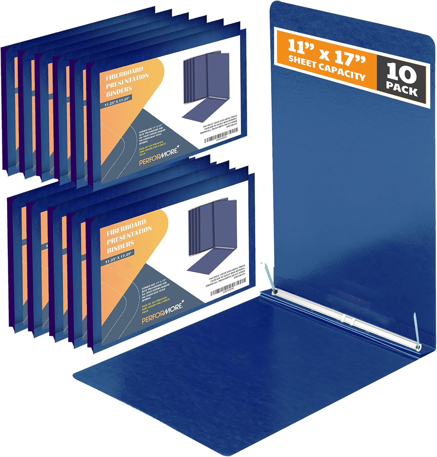 10 Pack of 11”x17” Landscape Pressboard Presentation Binder Folder, Blue Fiberboard Report Cover with 3" Capacity Metal Prong Paper Fastener to Neatly Bind Reports, Proposals, and Other Documents
