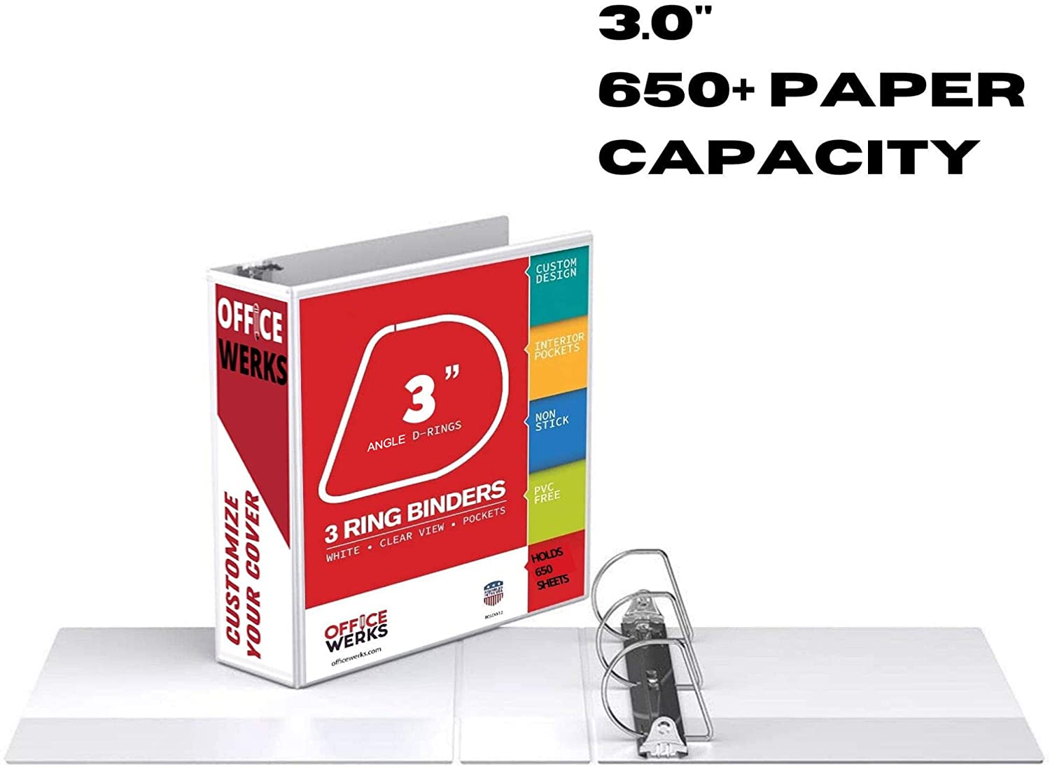 3 Ring Binder, 3 Inch Angle D-Rings, White, Clear View, Pockets