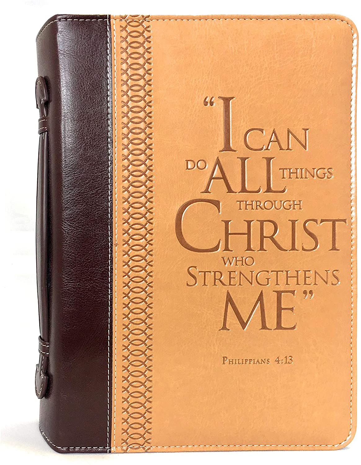Bible Cover – “I Can Do All Things Through Christ” Philippians 4:13 – Large Two-Tone Burgundy/Tan