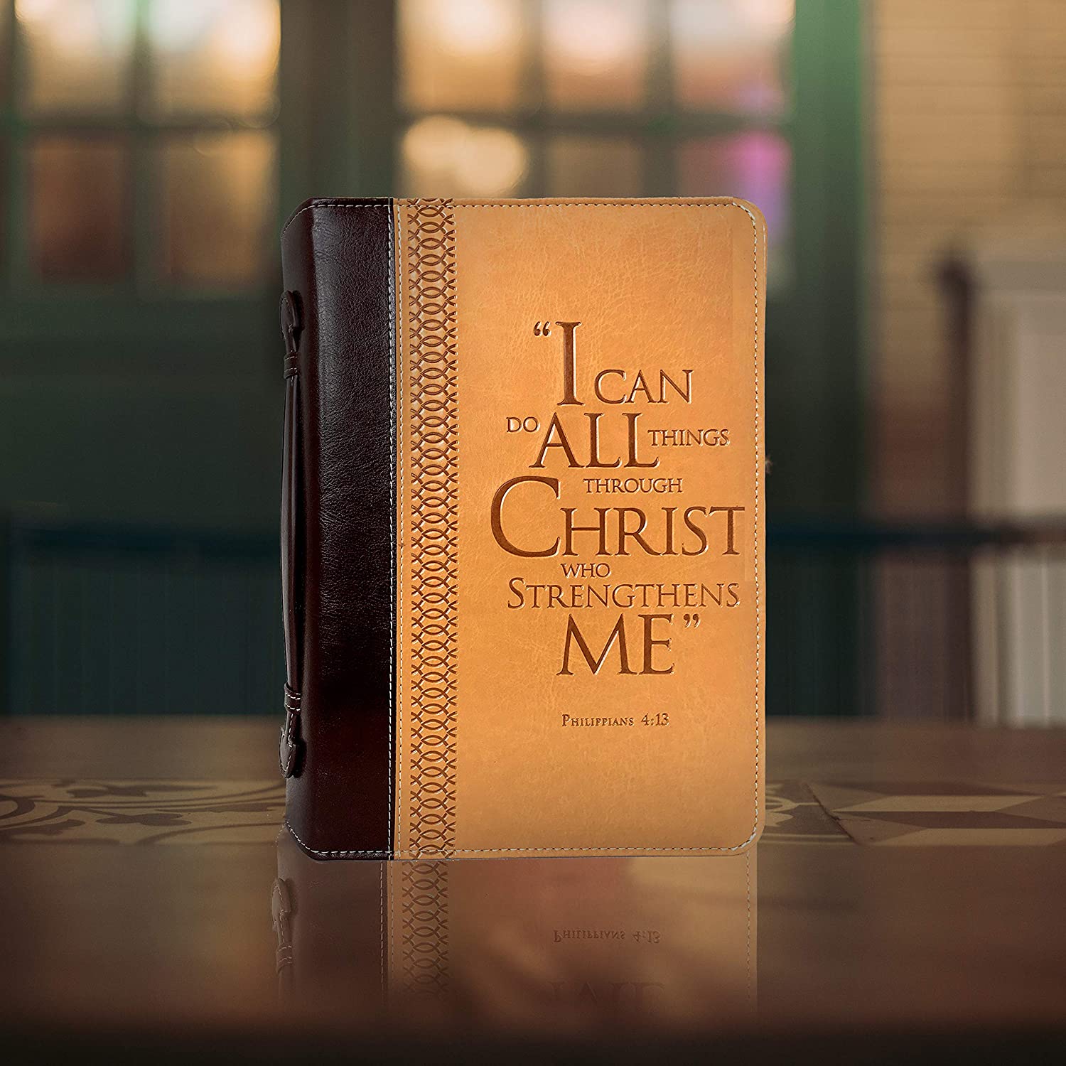 Bible Cover – “I Can Do All Things Through Christ” Philippians 4:13 – Large Two-Tone Burgundy/Tan