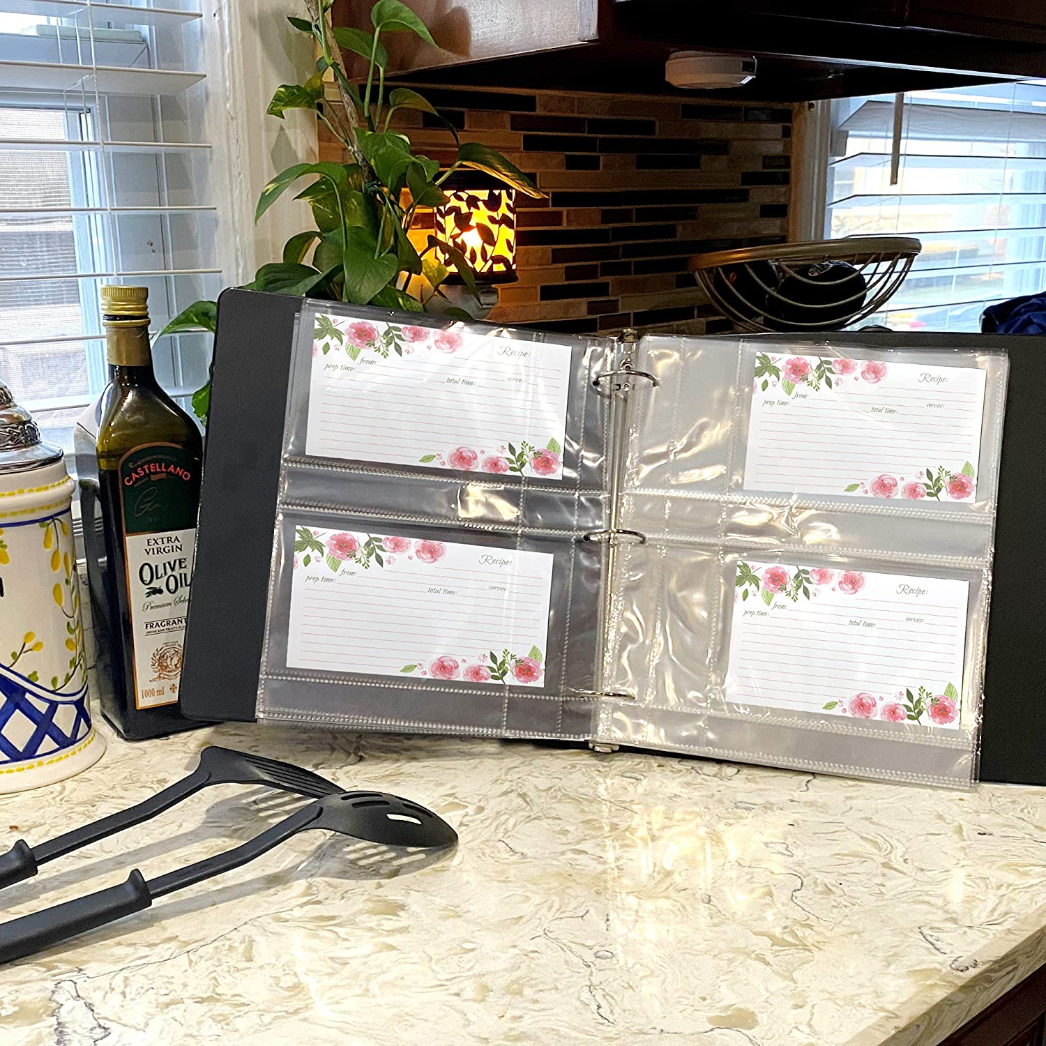 Recipe Card Protectors, For 3 Ring Binders, Page Sheet Protectors, Holds 4 x 6-inch pockets, 4 Cards Per Sheet, Clear - 50 Pack